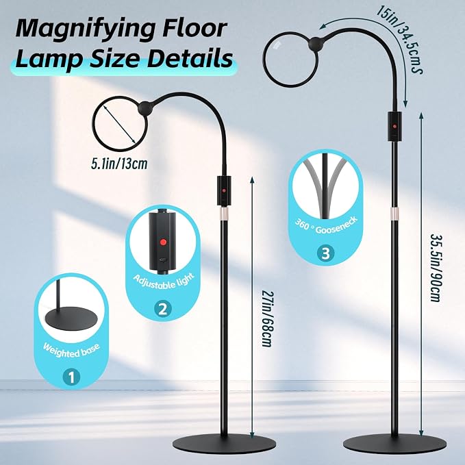 10X Floor Magnifying Glass with Light and Stand with Glass Lens, Magnifying Floor Lamp with Light Adjustable Height, 3 Color Modes, 360° Flexible Gooseneck Hands Free Magnifier for Close Work