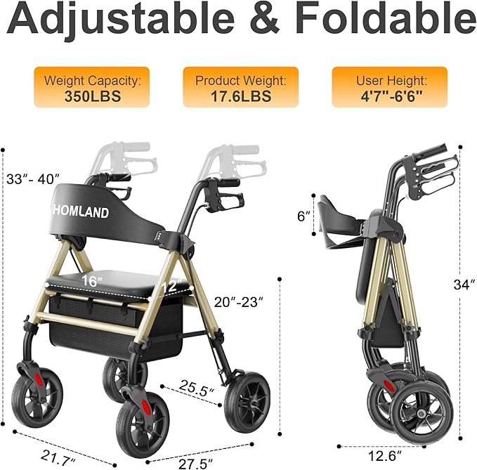 HOMLAND Walkers for Seniors with Seat, Foldable Rollator Walker, Reinforced Aluminum Frame, 8" Big Rubber Wheels for All Terrain, Height Adjustable Lightweight Rolling Walker