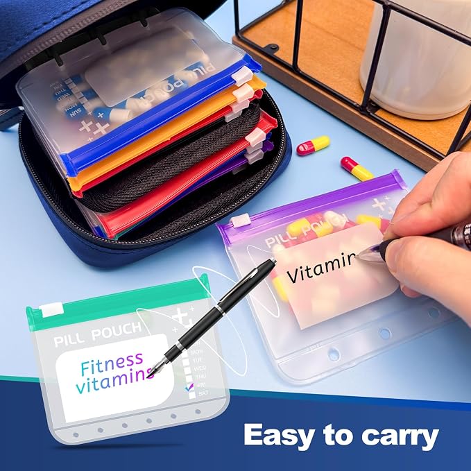 A8 Waterproof Pill Organizer Set, Twice-Daily Large Pill Organizer for Seven Days, Pill Storage with 14 Color-Coded Pouches, Reusable Travel Medicine Organizer