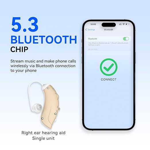 Hearing Aids for Seniors Rechargeable Hearing Aids Amplifiers with Bluetooth for Single Right Ear Hearing Loss Behind-The-Ear Ear Aid, Skin