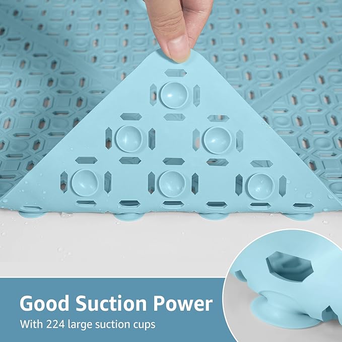 Yolife Square Shower Mat, 27" x 27" Shower Mat with Drain Hole in Middle, Soft TPE Extra Large Non Slip Shower Mats for Inside Shower, Anti Slip Washable Shower Floor Mat with Suction Cups, Blue