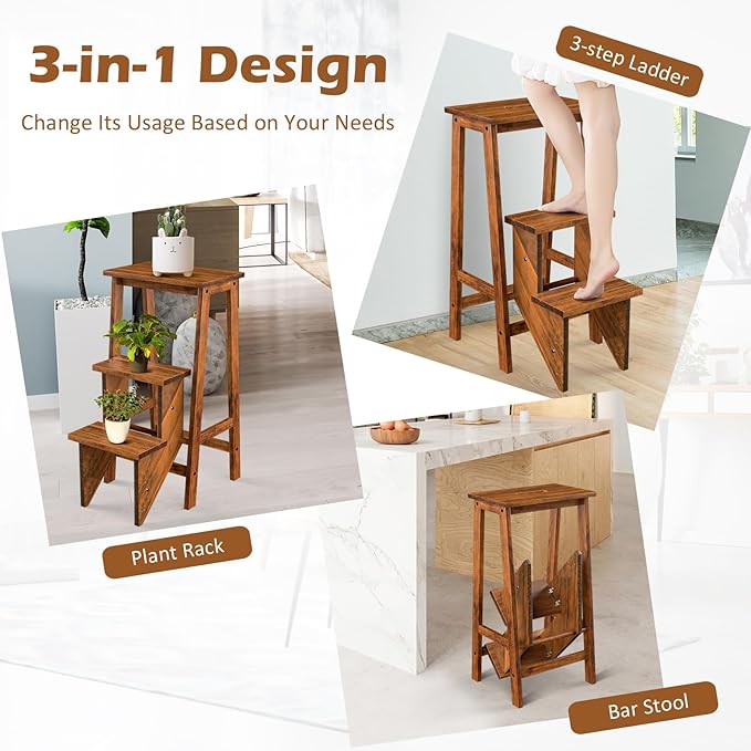 Costzon Folding 3 Step Stool, 3 in 1 Wooden Step Ladder with Handle, Non-Slip Pedal, Multifunctional Storage Shelf, Flower Rack for Kitchen, Library, Garage, Foldable Step Stool for Adults Kids