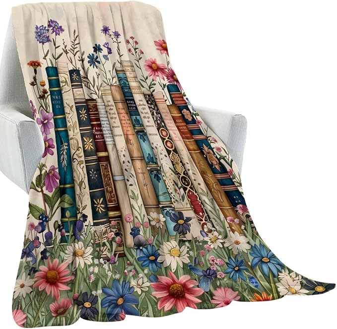 Vintage Book Blanket Gifts for Kids Girls Women,Retro Readers and Floral Throw Blankets,Soft Comfy Lightweight for Room Couch Bed Modern Reading Decor,Literary Lover 60x80in