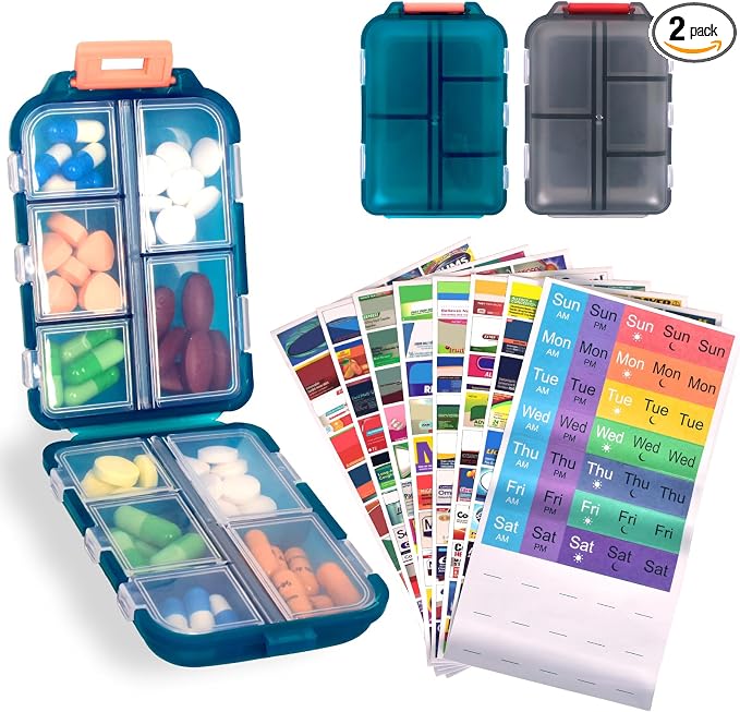 2 Pcs Travel Pill Organizer with Labels, Portable Travel Medicine Daily Pill Container Organizer 7 Day Pill Case Storage Vitamin Fish Oil (Blue & Gray, 320 Medicine Lables)