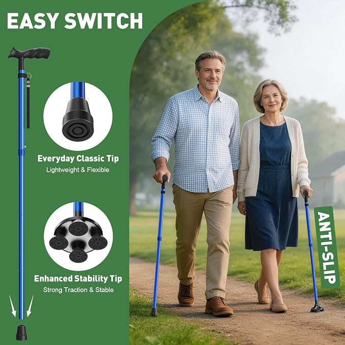 Walking Cane for Men & Women, Sturdy Walking Sticks for Seniors | Foldable, Adjustable, All Terrain Tips for Daily Use/Travel, Comfort Grip, Free Standing, Heavy-duty Aluminum, Black