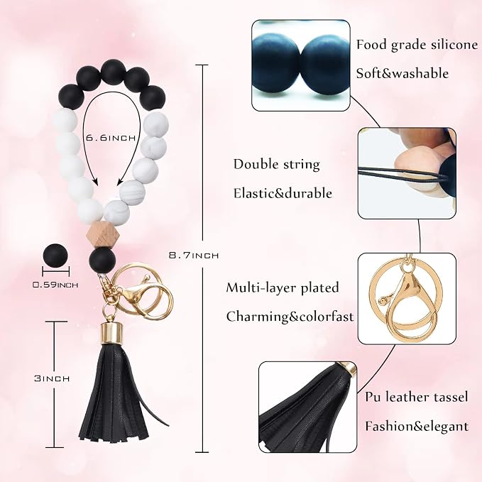 BAOSIWA Silicone Key Ring Bracelet Wristlet Keychain Unique Beaded Bangle Key Chains for Women with Leather Tassel
