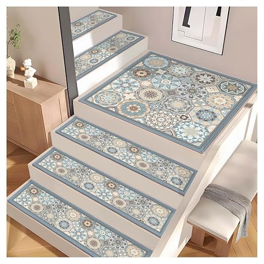 Stair Carpet Treads 1PCS, 30"X30" Indoor Safety Stair Treads for Wooden Steps, Non Slip Silent Stair Carpet, Pet-Friendly Stair Decoration Carpet, Blue