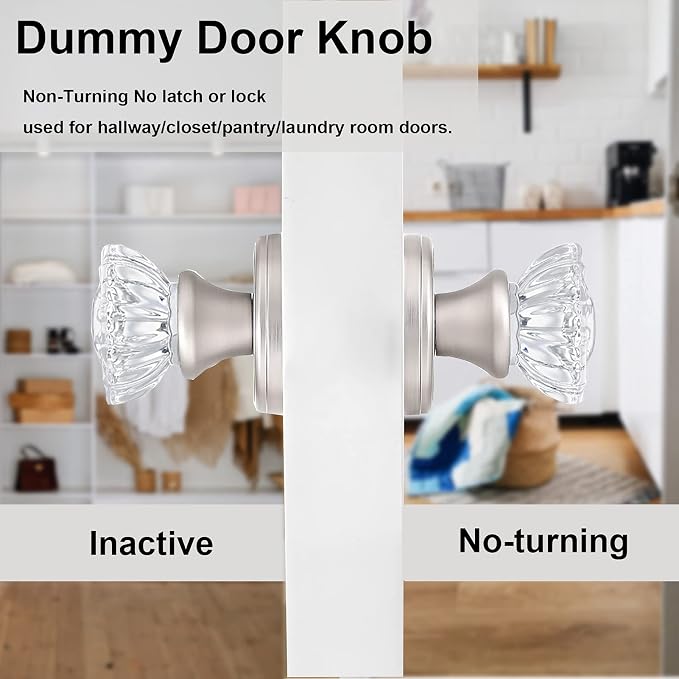 Crystal Dummy Door Knob, Inactive Glass Half-Dummy Door Knobs | for Hall/Closet, Brushed Nickel-4 Pack