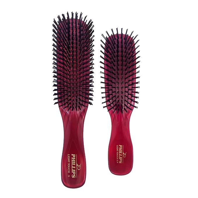 Phillips Brush Light Touch 6 Detangling Hair Brush Combo Pack Ruby Red | Flexible Nylon Bristles Gently Detangle All Hair Types for Daily Use, Includes 7.75 & 6.25 Inch Brushes, Full & Petite Sizes