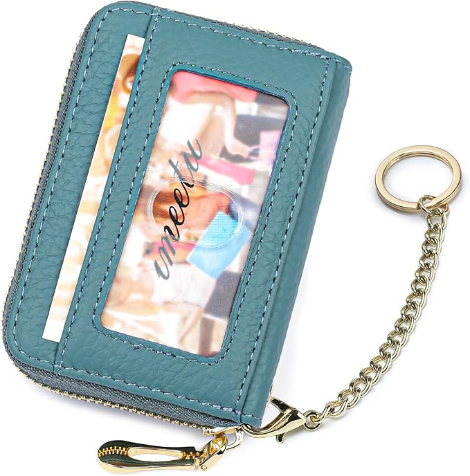 imeetu RFID Credit Card Holder, Small Card Wallet Women, Leather Card Case | Genuine Leather Women's Card & id Cases, Change Coin Purse with Zipper Keychain id Window, 20 Colors & 3 Styles, Daily, Gifts