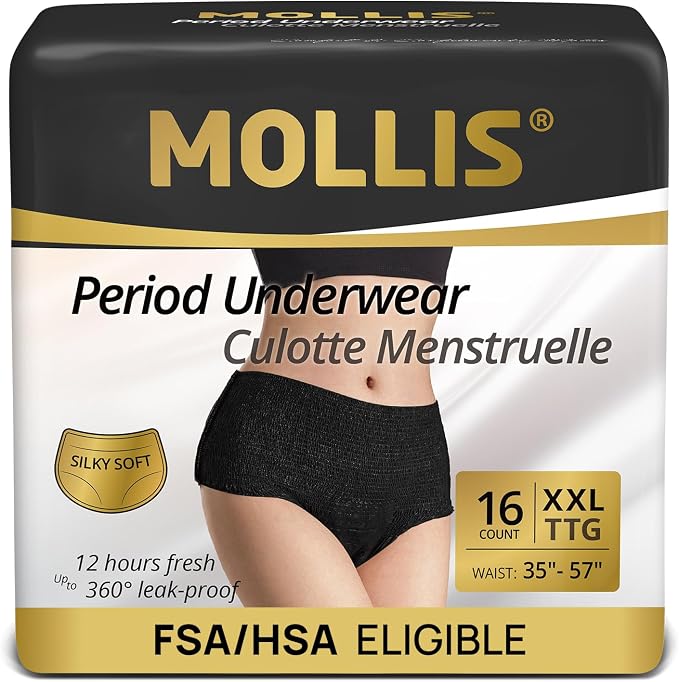 MOLLIS Disposable Period Underwear, Postpartum Panties, XXL, Black, 16Ct | Heavy Flow Period Underwear, Superior Absorbency, Leak Proof Design, Maternity Knickers, Soft Comfort Fit, Unscented
