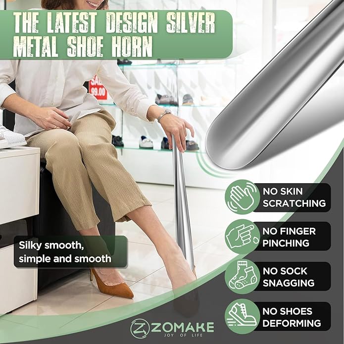 ZOMAKE Metal Shoe Horn Long Handle for Seniors 16.5 Inch,Long Shoehorn Stainless Steel Shoe Spoon Shoe Helper for Men Women