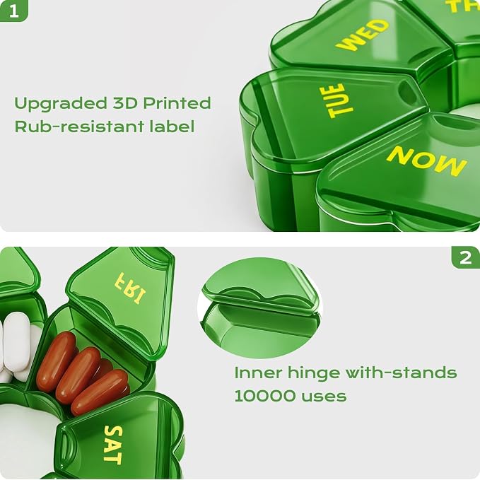 Pill Organizer Weekly - Cute Medicine Pill Organizer 7 Day, Large Daily Pill Box for Travel, SHIJOINYU Pill Dispenser Case 1 Time a Day for Medication/Supplement/Fish Oil (Green)