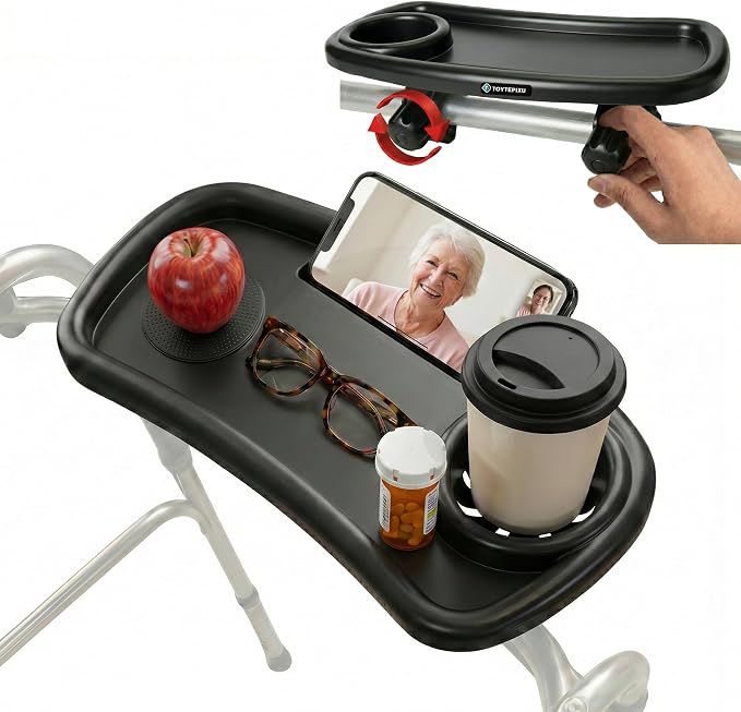 Slim Walker Tray Attachment for Seniors, Black | Front-Mount Compact Caddy, Cup Holder & Phone Slot, Fits 0.6"-1.4" Round Tube, Clear-View Organizer, 5 lbs Capacity