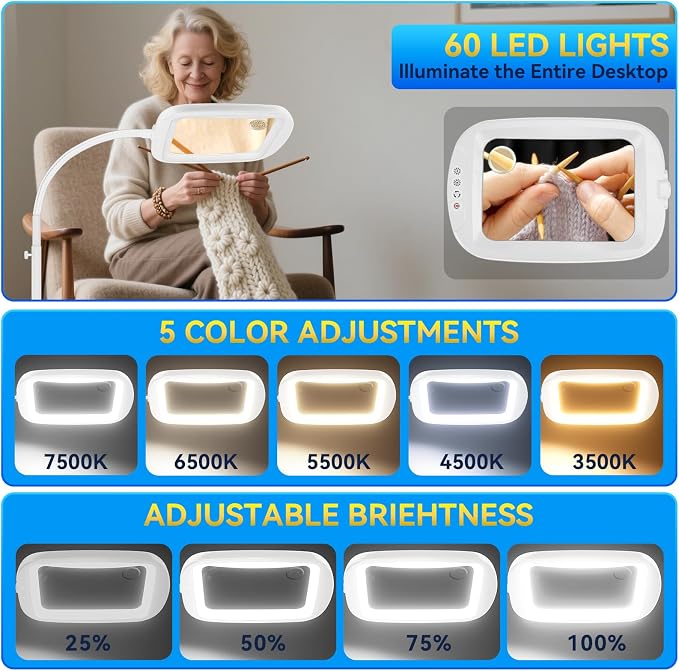 30X 10X Extra Large Floor Magnifying Glass with Light and Stand | 60 LED Flexible Gooseneck Floor Magnifying Lamp with 5 Color Modes, 2-in-1 Lighted Magnifiers for Close Work, Sewing,Crafts