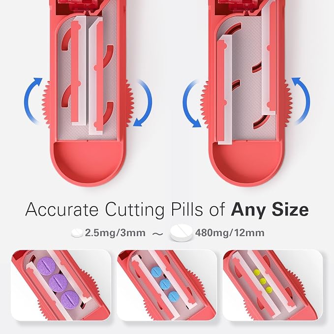 ONE PIX Multiple Pill Cutter Splitter for Small and Tiny Pills, Accurate 1/2 Tablet Splitter with Adjustable Bars & Hidden Blade, Safely Cuts Large Medication for Seniors & Pets, Red