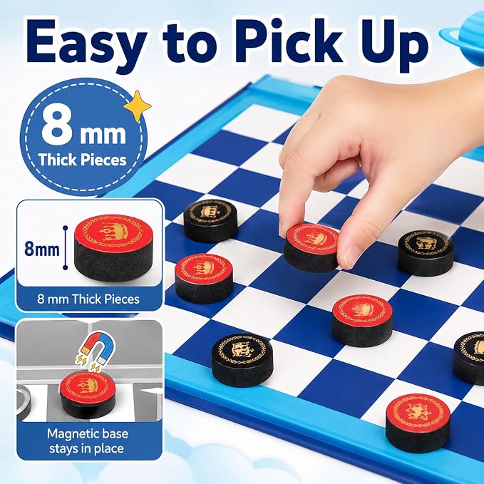 2-in-1 Travel Checkers and Tic Tac Toe Game for Kids Ages 8-12, Magnetic Checkers Board Game, Foldable Road Trip and Plane Activities