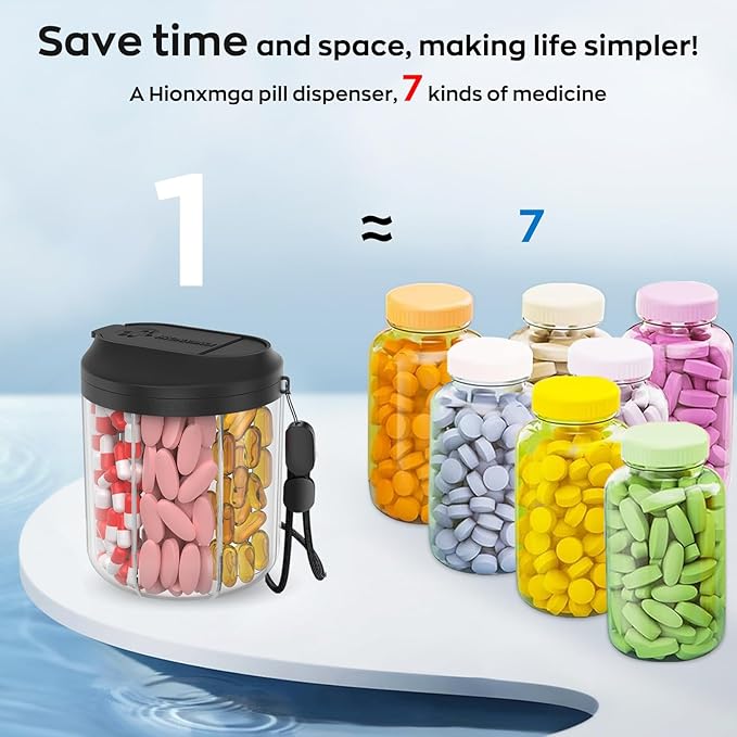 Pill Dispenser with 7 Large Compartments, Pill Organizer for Travel, Supplement Organizer with Anti-Mixing Design, BPA-Free Pill Container with 20 Pcs Labels, Purple+Black