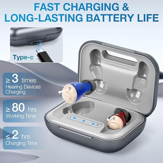 Hearing Aids Hearing Amplifiers for Seniors Rechargeable with Noise Cancelling Hearing Aid Loss Amplifier Seniors - Rechargeable with 48+ Hour Battery & Charging Case -Blue Red