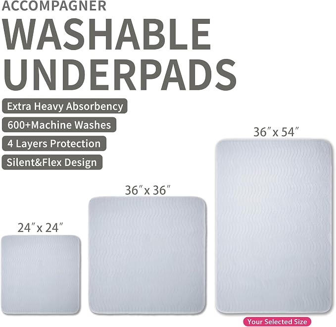 Accompagner Incontinence Bed Pads Washable Waterproof, Ultra-Absorbent Reusable Underpads for Diaper Changing, Nursing, Bedridden, Adults, Seniors, Kids and Dogs (Pearl Gray, 36"x54"(Pack of 4))