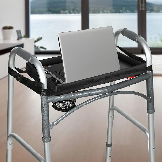 Walker Tray for Folding Walker, Trays for Walkers Detachable with Cup Holder,Walker Trays for Rolling Folding Walker,Walker Accessories for Elderly (Black Without Pockets with Baffles)
