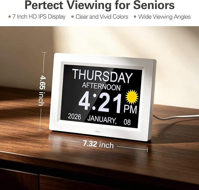 JALL 7" Digital Calendar Day Clock for Seniors 2026, Non-Abbreviated with Day & Date, Easy-to-Read Alzheimer's Dementia Clock for Elderly, Auto-Dimming, 8 Custom Alarms, Auto DST, White