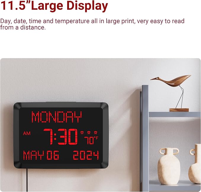 11.5” Extra Large Digital Wall Clock with Date and Day of Week , Electric Desk Clock for Seniors, Large Display Alarm Clock for Bedroom with Battery Backup, 5 Dimmer, 2 USB Ports, Indoor Temp, 12/24H