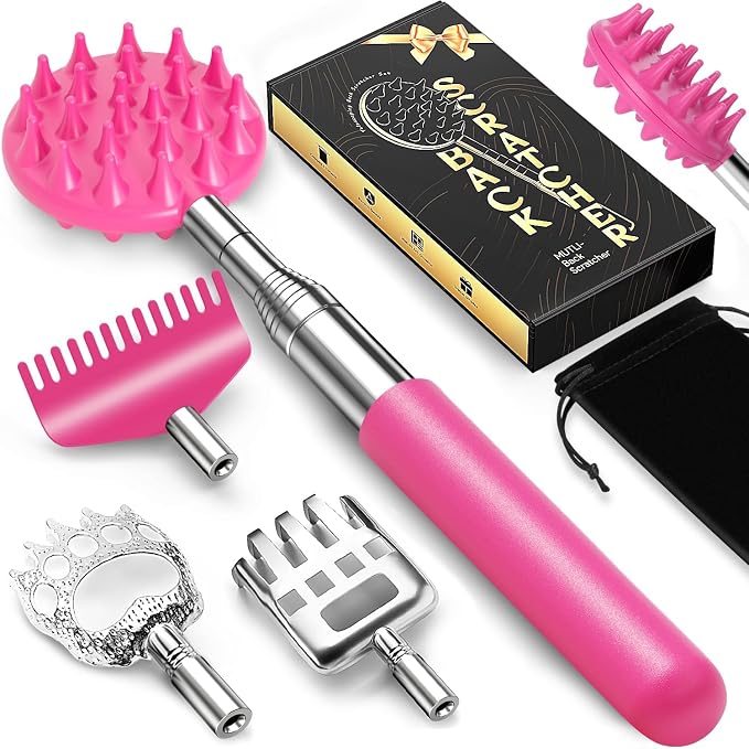 Telescoping Back Scratcher with 5 Detachable Heads, Gift for Women Pink | 10-30" Reach, Stainless Steel Pole, Rubber Grip, Christmas Stocking Stuffers, White Elephant, Anniversary and Birthday Gift