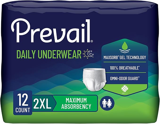Prevail Daily Protective Underwear, Unisex Disposable Adult Diaper for Men & Women, Maximum Absorbency, XX-Large, 12 Count Bag