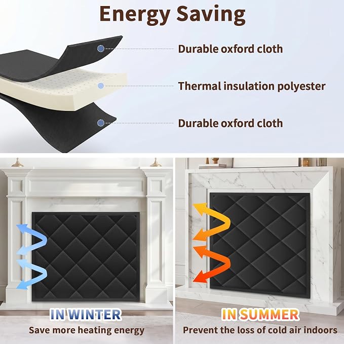 Magnetic Fireplace Draft Cover, Fireplace Blocker Blanket Save Energy, Indoor Fireplace Draft Stopper for Winter Heat Loss and Summer Cooling, Fireplace Insulation Cover for Iron Frame 42 x 36