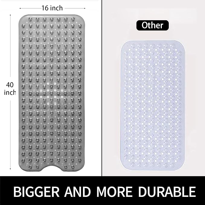 Bathtub and Shower Mats, Extra Long Non-Slip Bath Mat 39 x 16 Inch, Machine Washable Bath Tub Mat with Suction Cups & Drain Holes for Bathroom, Clear Grey