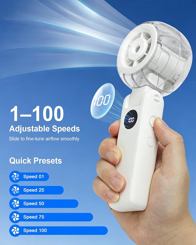 Personal Misting Fan, Rechargeable Handheld Spray Fan | 100-Speed Adjustable Cooling Fan with Water Mist Spray, Foldable Design, Lanyard Included for Outdoor Camping & Travel