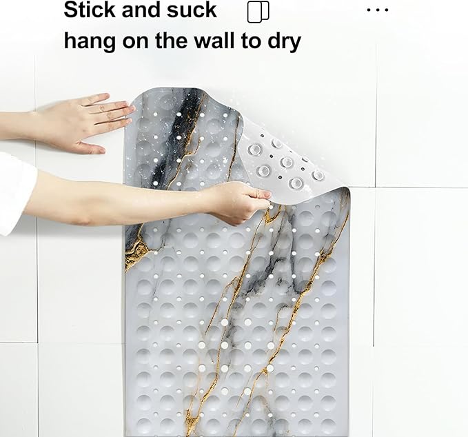 LNOND Marble Bath Tub Mat Non Slip, Extra Long 40 X 16 Inch Anti Slip Mat for Bathtub, White Gold Marble Shower Mat with Drain Holes and Suction Cups, Machine Washable