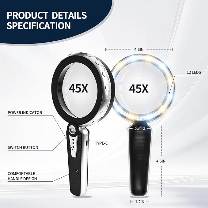 45X Magnifying Glass with Light, 4.6 Inch 1200mAh USB Rechargeable Large Handheld Magnifier, 6 Color Modes, Perfect for Low Vision Seniors, Macular Degeneration & Fine Print (Black)