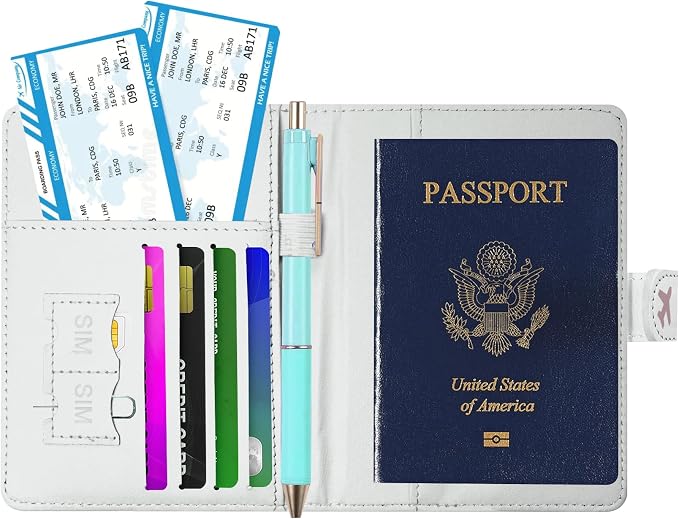 Passport Holder, Cute Travel Wallet Cover with RFID Blocking,Posy | PU leather travel wallet with magnetic closure, card slots, pen loop, and easy access for passports and essentials.