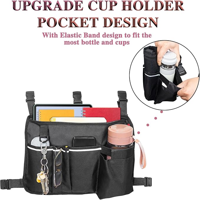 TONINT Large Walker Bag with Water Cup Holder,Walker Basket,Foldable Walker Storage Bag,Side Walker Bag,Walker Side Access Bag Organizer Pouch Tote,Scooters or Rollator Walkers (Large)
