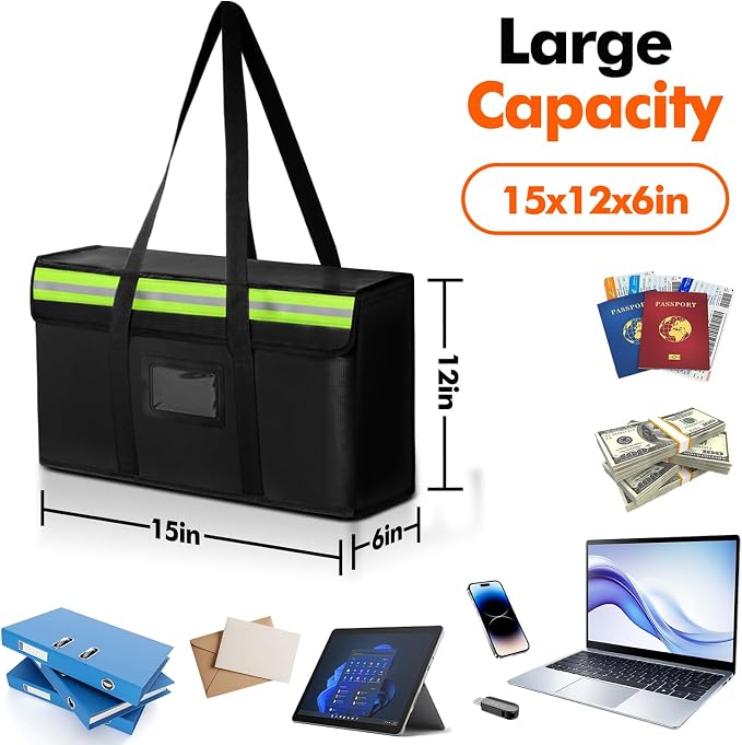 Large Fireproof Document Bag for Home Safe Storage, 15 x 12 x 6in, Black | 2000°F fireproof document box, 4-layer fiberglass important document storage for photo, file and cash with reflective strip