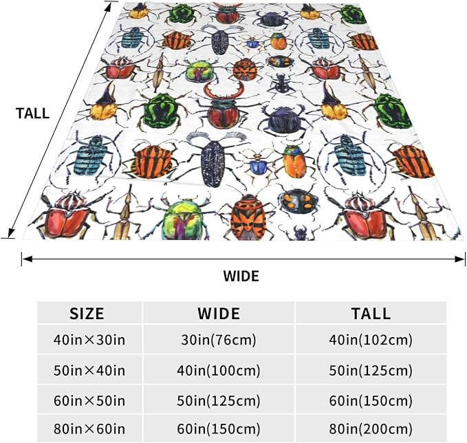 Colorful Beetle Insect Print Blanket 60"x80" - Ultra Soft Flannel Fleece Throw for Adults & Kids, Bug Lover Gift, Cozy Lightweight Blankets for Couples & Children, All-Season for Bed/Couch/Camping