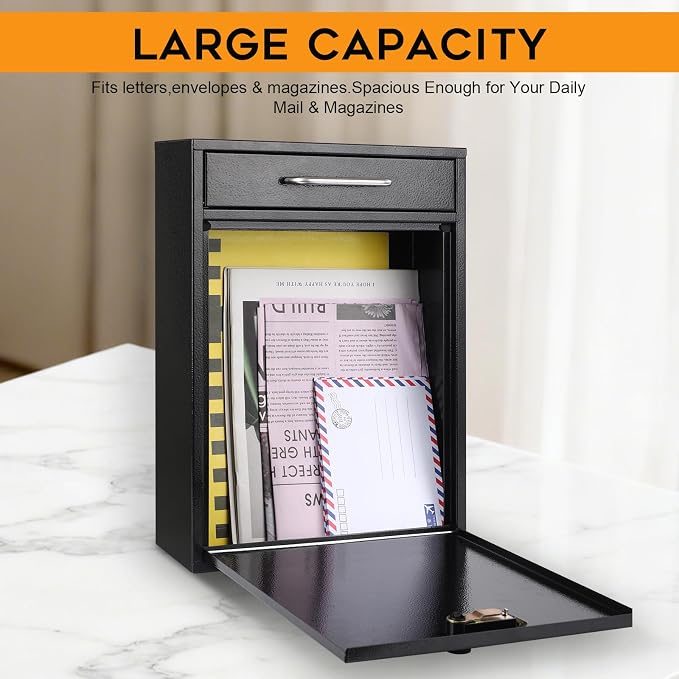 xydled Wall Mount Mailboxes with Combination Lock, Wall Mail Box for Outside, Locking Mailbox with Lock, Hanging Secured Postbox, Security Key Drop Box, 17.6H x 12.2L x 5.7W Inches, Black, XL Large