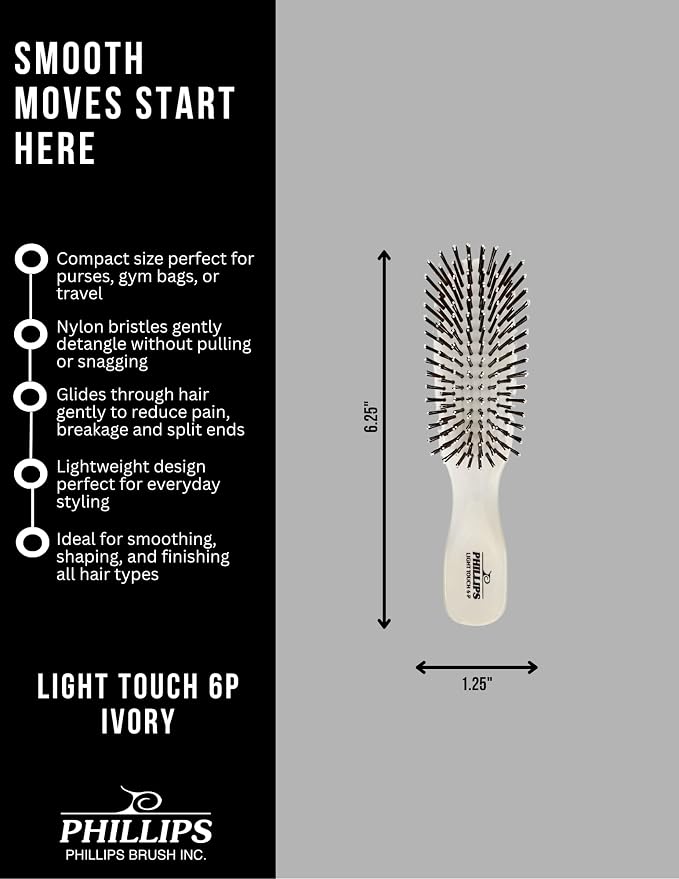 Phillips Brush Light Touch 6P Petite Hair Brush, Classic Ivory White | Petite Nylon Brush Gently Detangles All Hair Types for Easy Daily Styling and Convenient Travel