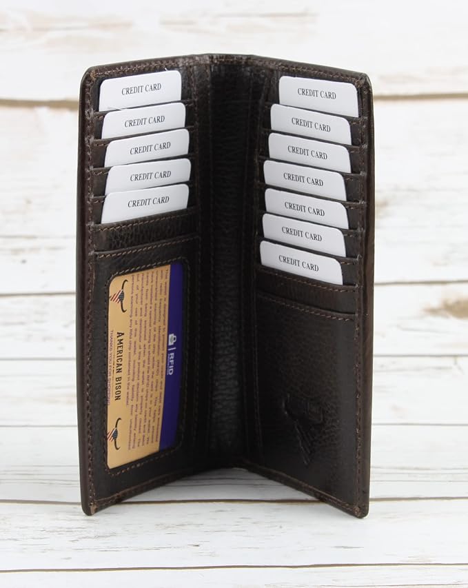 American Bison Arrigo Floral Design RFID Rodeo Wallet for Men – Hand-Tooled Cowhide Leather Wallet with Gift Box (Dark Brown)