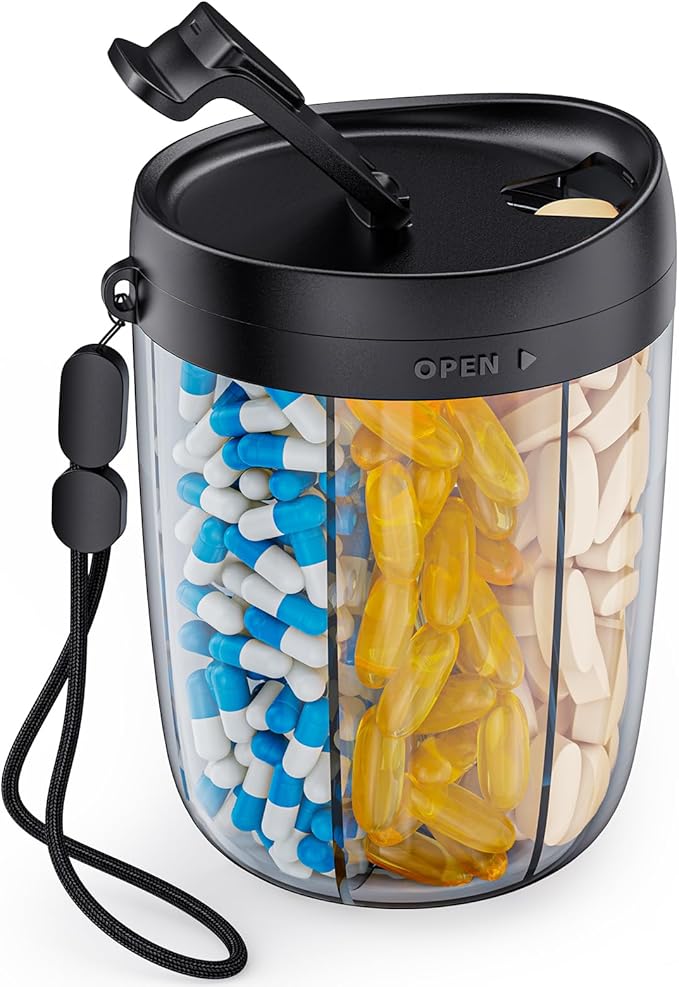 AUVON Large Pill Organizer, Pill Dispenser for Holding 6 Various Vitamins, Pill Box Case with Anti-Mixing & Wide Opening Design, Easy to Retrieve Meds, Includes 20 Pcs Stick-on Labels