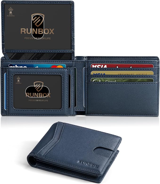 RUNBOX Wallet for Men -Slim Rfid Leather Mens Bifold Novelty Wallets 2 ID Window With Gift Box Men's Accessories | Minimalist Front Pocket Design, Holds 15 Cards, Large Capacity with Cash Pocket,Compact and Thin, Birthday Gifts for Men