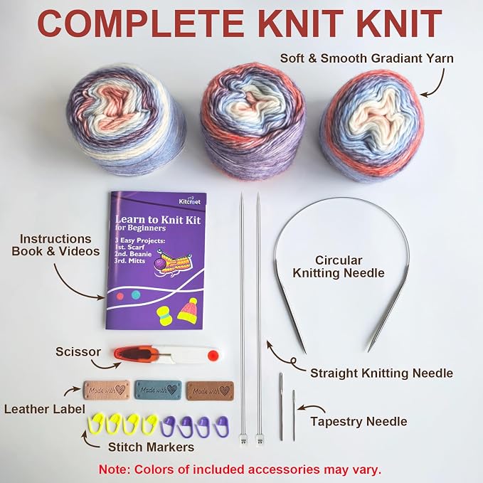 Kitcroet Knitting Kit for Beginners, Complete Learn to Knit Starter Kit with Scarf, Hat & Gloves, Video Tutorials & Written Instructions, 25% Extra Yarn, Knitting Set for Beginners, Amethyst Ombre
