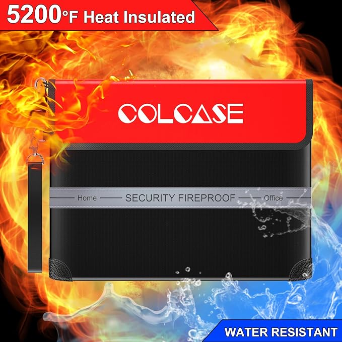 COLCASE Fireproof Document Bag 5200℉ Heat Insulated Waterproof Fireproof | Silicone Coated Fiberglass Fireproof Bag wih Lock 15x11 inches Zipper Bag Black