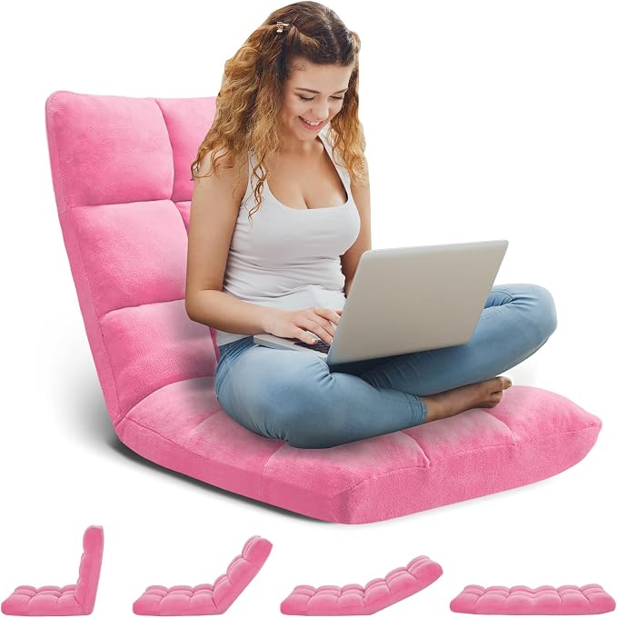Folding Floor Gaming Chair 14-Poistion Cushioned Adjustable Floor Lazy Sofa Chair w/Breathable Cotton & Skin-Friendly Coral Velve for Adults & Kids Perfect for Reading Gaming Meditating, Pink