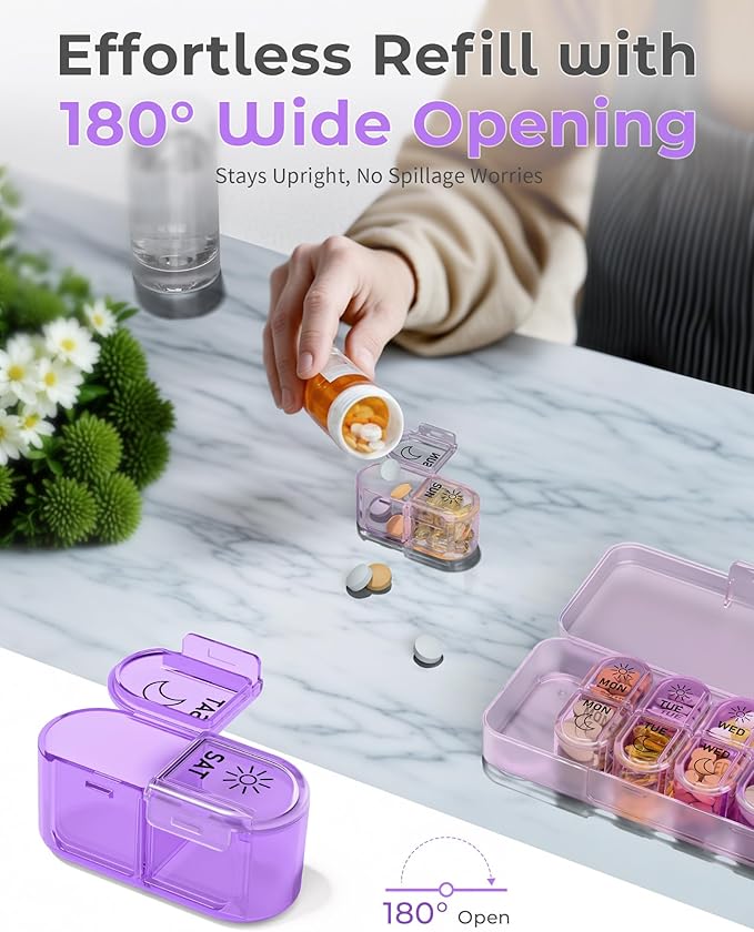 Pill Organizer, Am & Pm Pill Organizer 7 Days, Weekly Pill Case 2 Times a Day, Cute Pill Box 7 Day, Medicine Organizer for Travel, Vitamins, Fish Oils, Supplements (Gradient Pink-Purple)