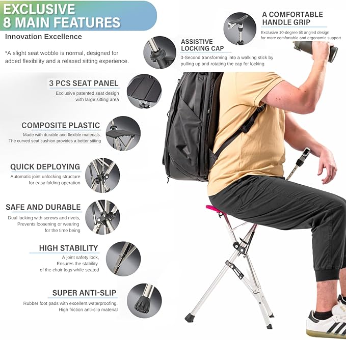 Ta-Da Chair Series 1 Pro, Portable Trekking Hiking Pole, Folding Walking Stick with Seat, Walking Cane with Chair, Foldable Chair, Lightweight Aluminum, Easy Carry and Storage, Anti-Slip