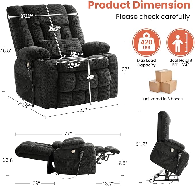 Dual Motor Power Lift Recliner Chair for Elderly, Infinite Position Lift Chair for Elderly W/Massage & Heat, Lay Flat Lift Recliner With Cup Holders, One-Touch Reset, Lumbar Pillow, Fabric (Grey)