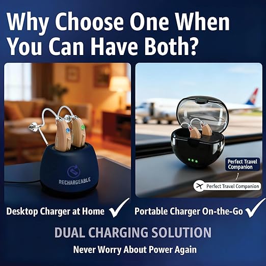 EarCentric EasyCharge Bundle Rechargeable Hearing Aids for Seniors – With Dual Charging System: Desktop Fast Charger + Portable Charger, Noise-Canceling, Easy Volume Control, Nearly Invisible